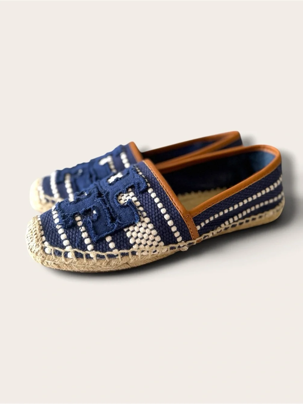 Tory Burch Navy and Cream Woven Espadrille Flats